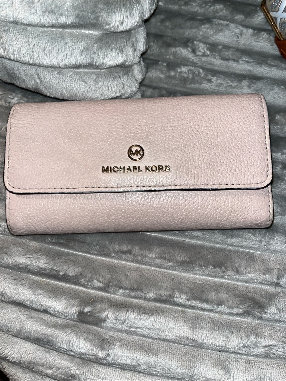Michael Kors Light Pink Pebbled Leather Trifold Wallet with Gold Logo